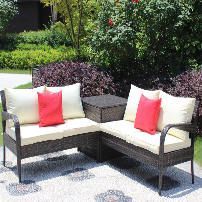 Ensemble de canapé modulaire d'extérieur en rotin 3 pièces avec boîte de rangement brun, ensemble de patio, ensemble de canapé d'extérieur