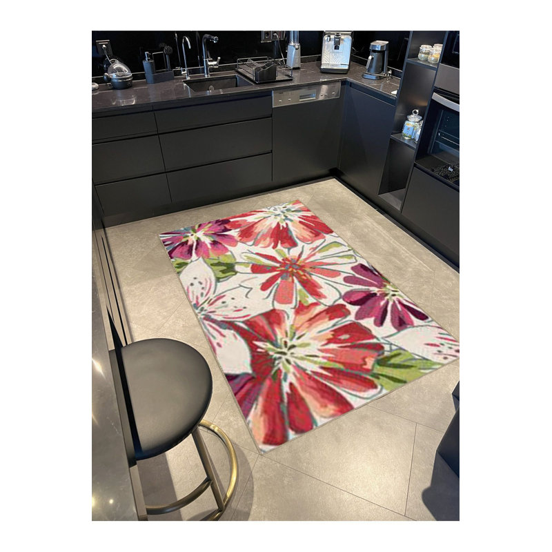 Tapis décoratif floral beige moderne et lavable à la machine, Rectangle 3 pi 3 po x 4 pi 11 po