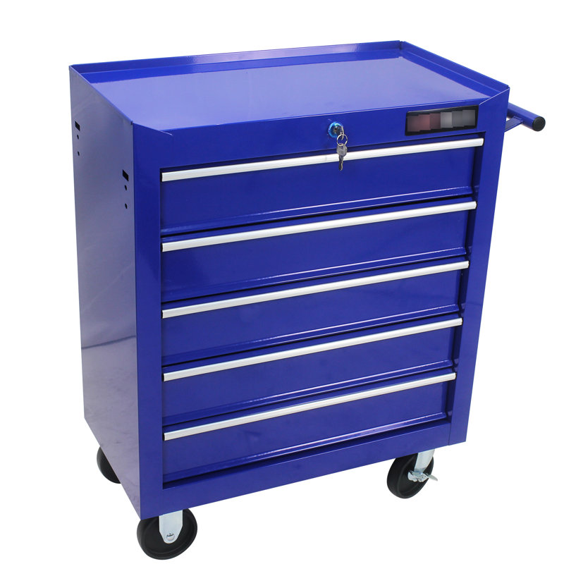 Chariot à outils d'atelier 5 tiroirs avec glissières à roulement et serrure, verrou d'armoire à tiroir bleu 4 roues pour le garage, lueur