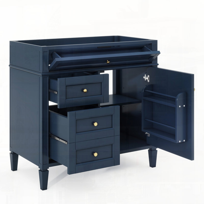 Armoire de rangement moderne en bois massif avec plusieurs tiroirs, Bleu, Doré