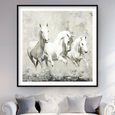 Three White Horses Running - Beige Horse Framed Print Decor