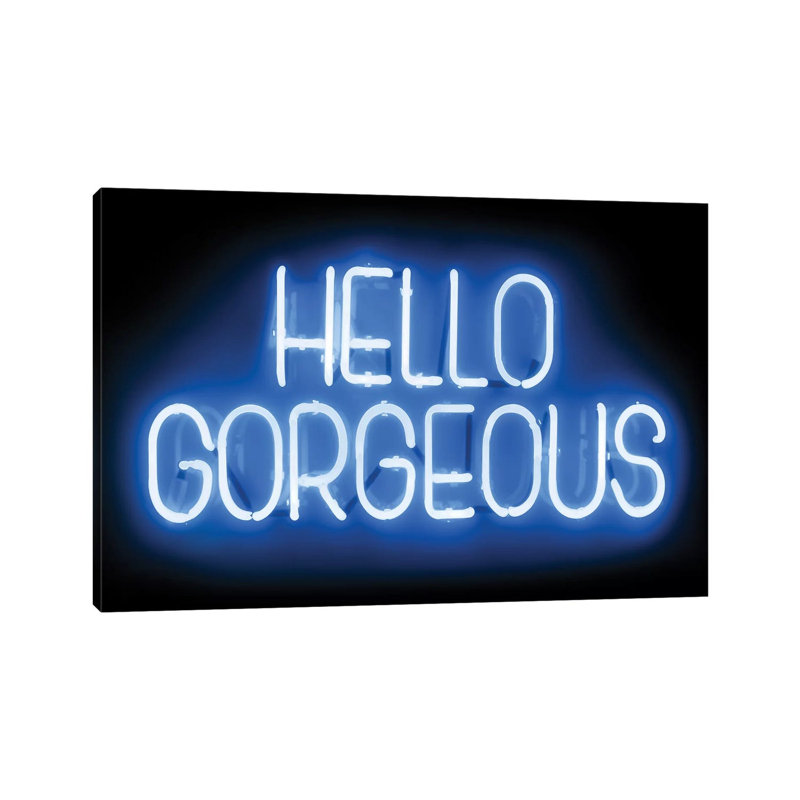 Neon Hello Gorgeous Blueon Black 1 Piece Wrapped Canvas Wall Art, 20.32 cm H x 30.48 cm W