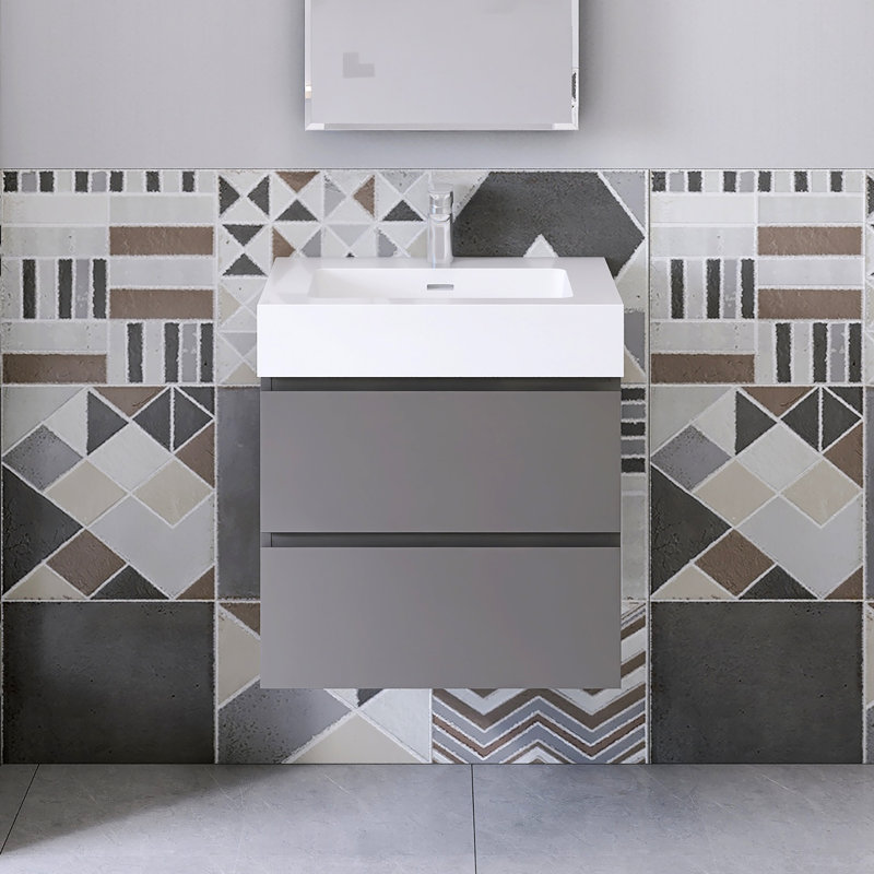 Meuble-lavabo simple 24 po avec plateau Kansiray, Blanc, Gris