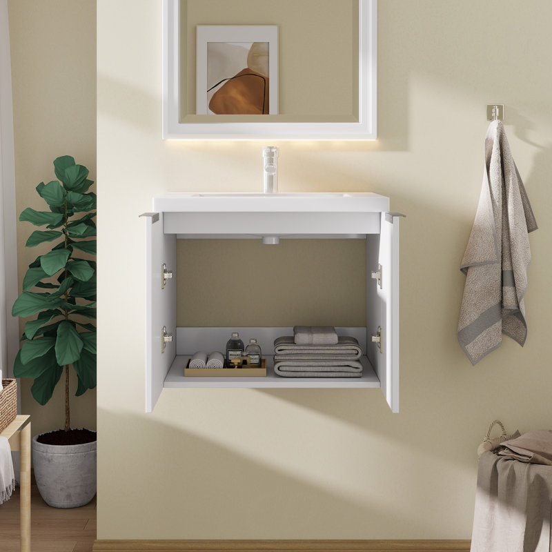 Meuble-lavabo suspendu de 61 cm avec lavabo, lavabo en céramique de 2 cm, armoire en contreplaqué, portes doubles à fermeture amortie