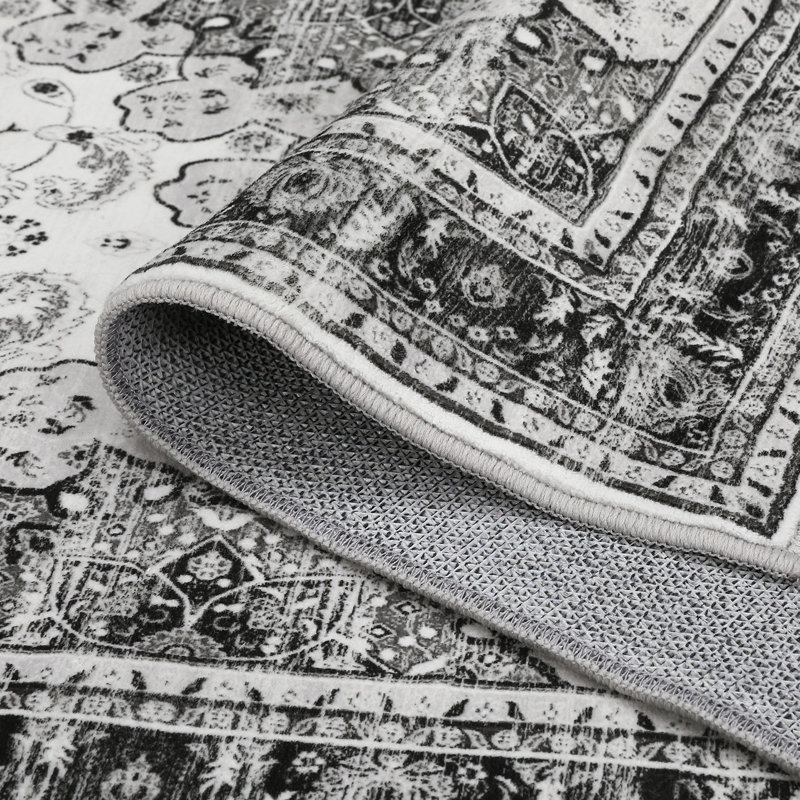 Washable Vintage Area Rug -Traditional Oriental Medallion Floral Design, Stain Resistant Indoor Print Carpet, Grey