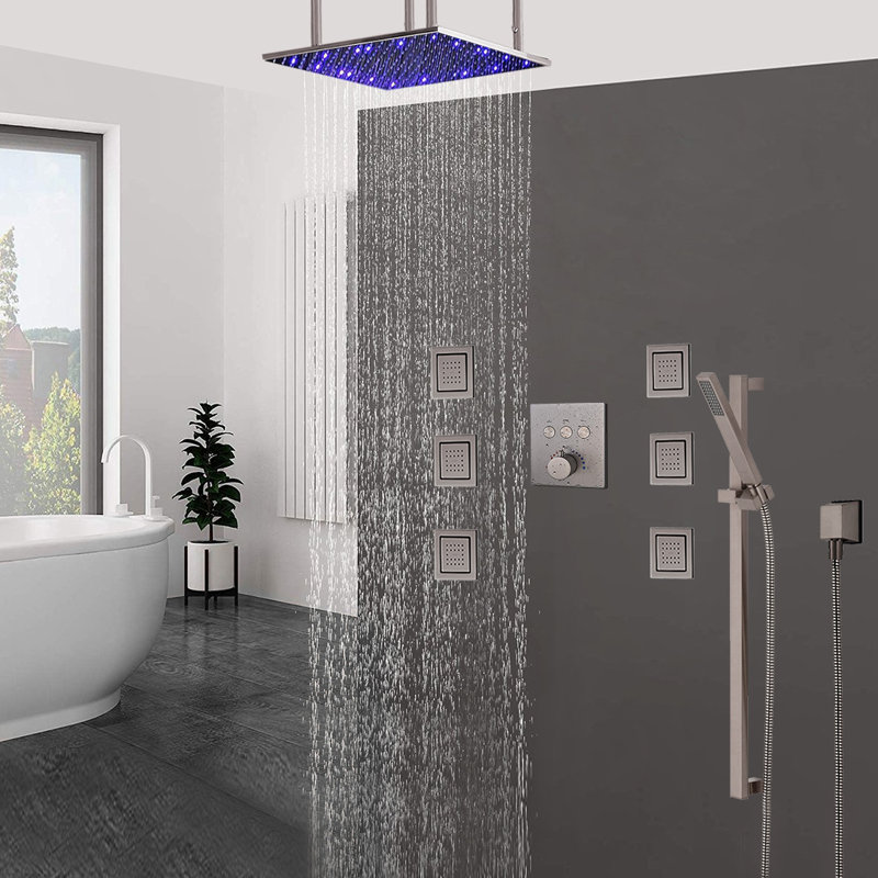 Système de douche à pluie à fixation au plafond en nickel brossé avec contrôle thermostatique