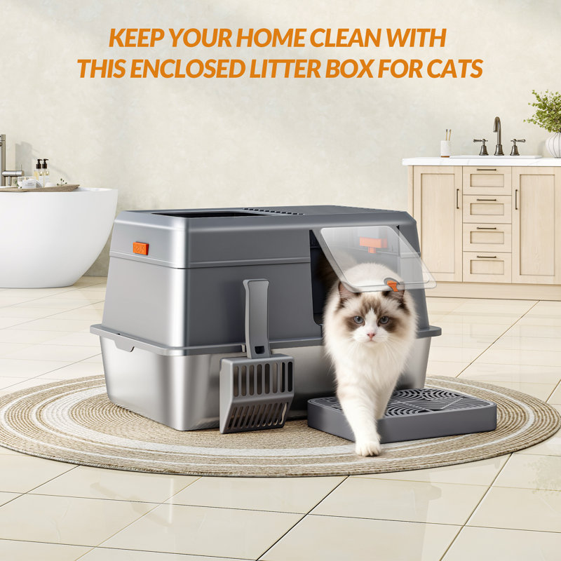 Stainless Steel Cat Litter Tray with Lid, XXL Metal Cat Litter Tray, with Foot Step and Scoop, Easy Clean, Dual Entry, Removable, 60L x 40W x 38H cm 