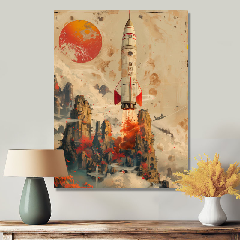 Fusée orange dans l'espace I - art mural de fusée, salon, Toile tendue, H 24 po x l 32 po