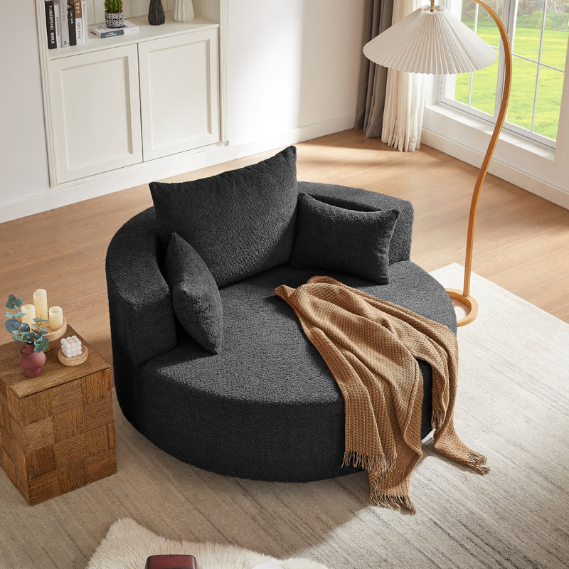 Chunni 360° Swivel Chenille Accent Chair with Removable Pillows, Black, 35.5'' H x 56.3'' W x 56.3'' D