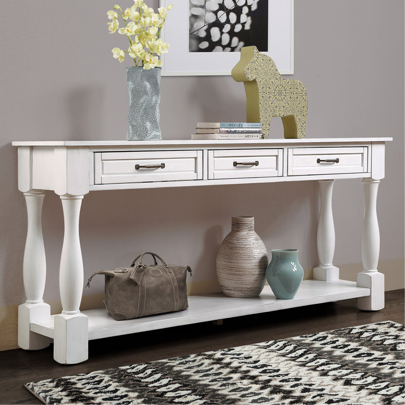 White Solid Wood Console Table with Storage Drawers and Shelf