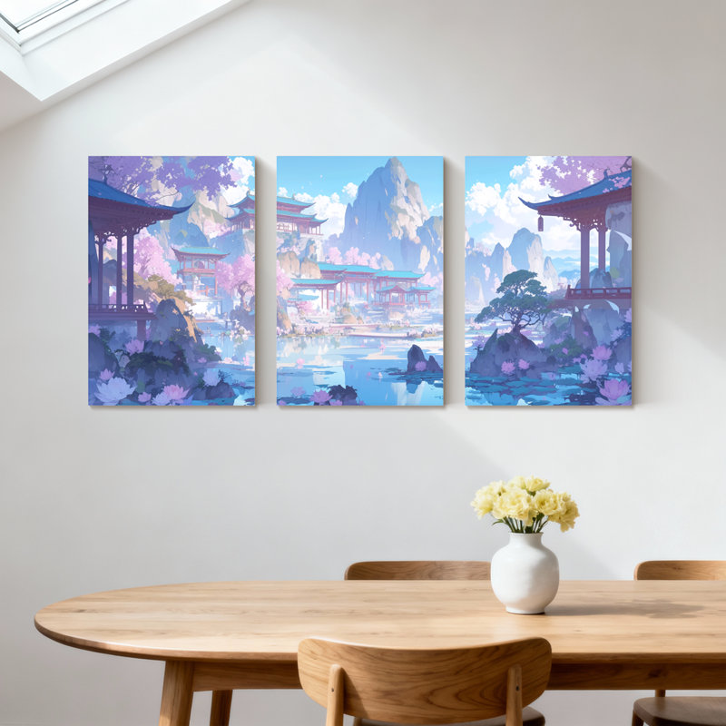 «Landscape & Nature Serene Garden Pavilion Reflection Water Cherry Blossoms Mountains Sky Ensemble de 3 impressions sur toile