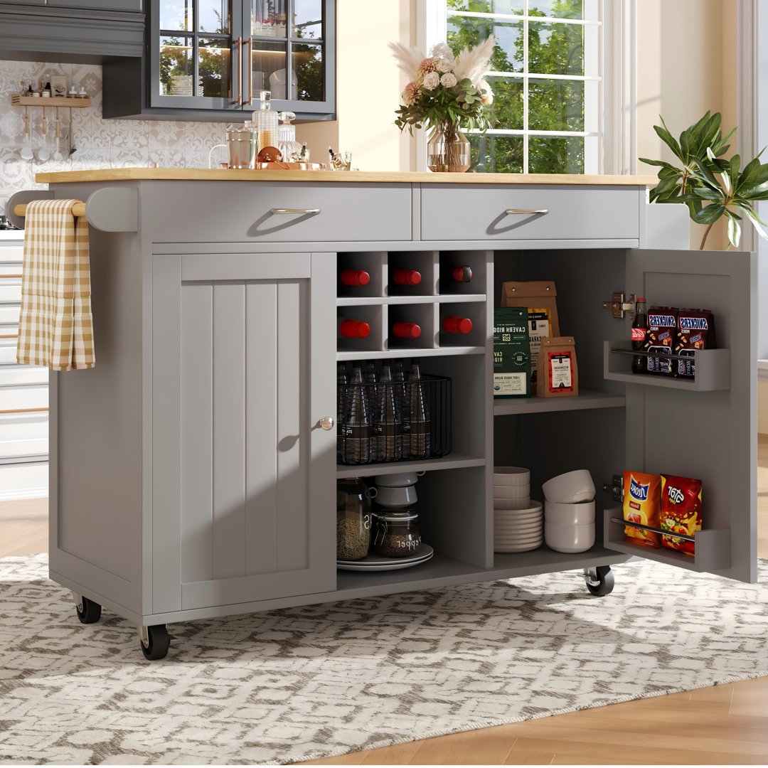 Kitchen Island With 2 Doors, 2 Drawers And Wine Rack Gray