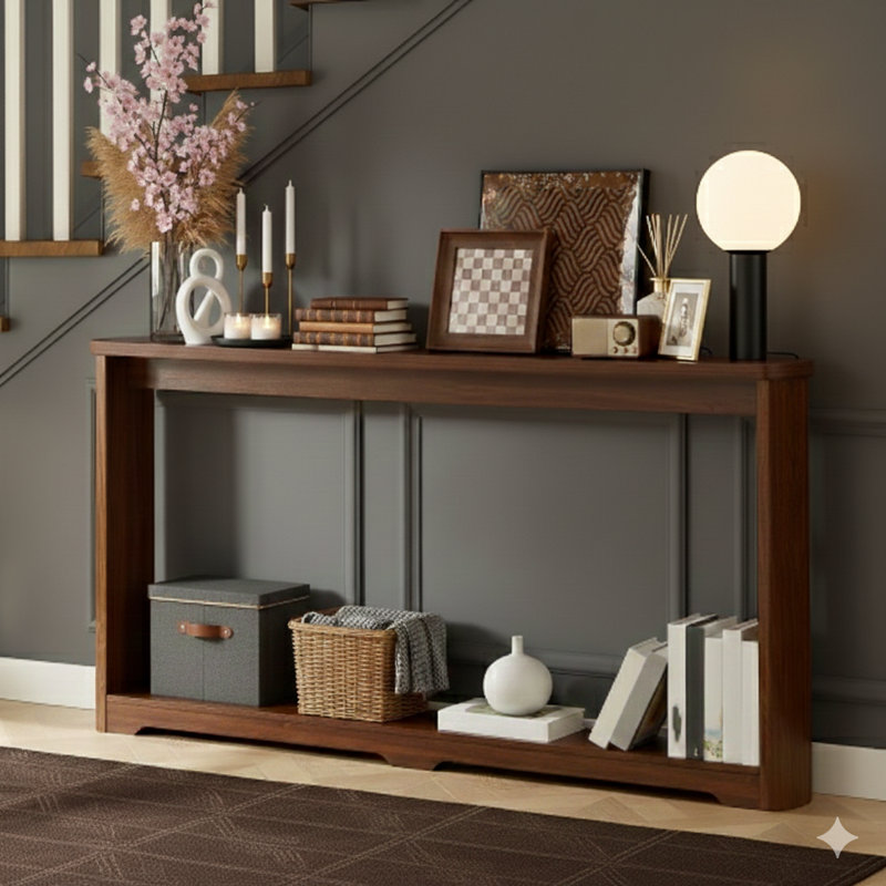 70.1-Inch Narrow Console Table With A Corrugated Texture, Designed For Storage In Entranceways. Can Be Placed Behind A Sofa And Is Suitable For Entryways, Corridors, And Foyers. Finish: Walnut. Dimensions: 70.1"L X 8.7"W X 35.5"H.