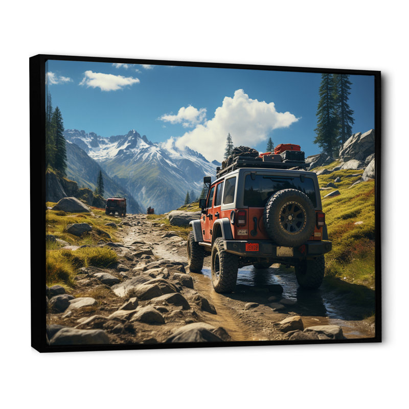 Jeep rouge au parc national de Yosemite, H 12 po x l 20 po x P 1 po, Cadre flottant noir