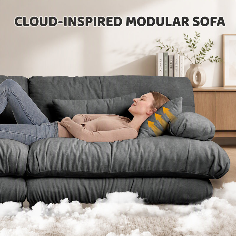 Canapé d'angle modulaire de luxe, canapé nuage surdimensionné en forme de L pour salon, assise profonde avec pouf convertible, gris chenille
