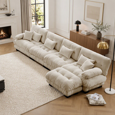 Canapé d'angle modulaire à combinaison libre, canapé en L pour salon, canapé confortable 4 places avec pouf convertible, chenille couleur café pâle