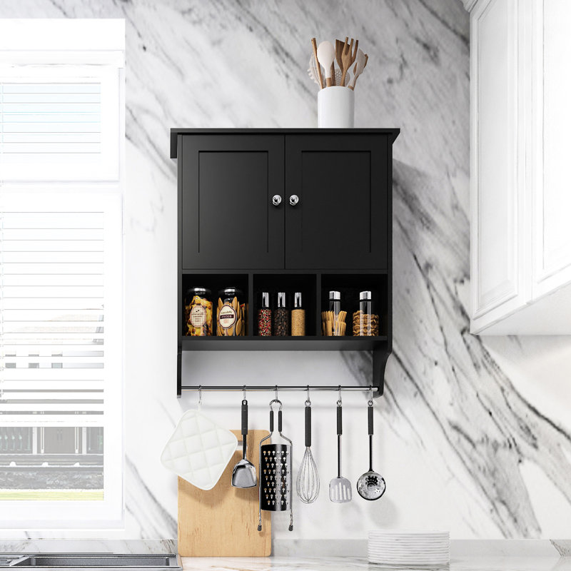 Armoire de rangement spacieuse en noir avec barre à serviettes et aspect noir élégant - facile à assembler, profondeur de 27,65 po, largeur de 24,03 po, hauteur de 8,02 po