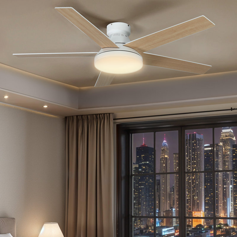 Balconera 52" 5 Blades Ceiling Fan With Light & Remote, 3 LED Color, 6 Speed Quiet DC Motor, Natural Wood, White