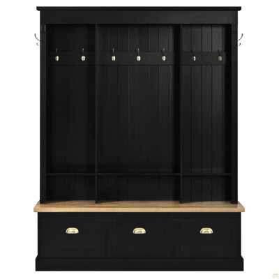 Elegant APP Controlled LED Light Hall Tree with 9 Hooks, Roman Column Design Natural Storage Bench with 3 Large Cabinets, Farmhouse Entryway Organizer with Shelves for Hallway, Black