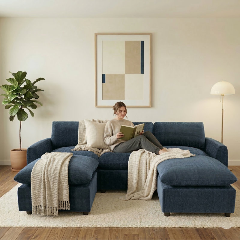 100" Chenille Sectional Couch With Two Ottomans, Blue Chenille
