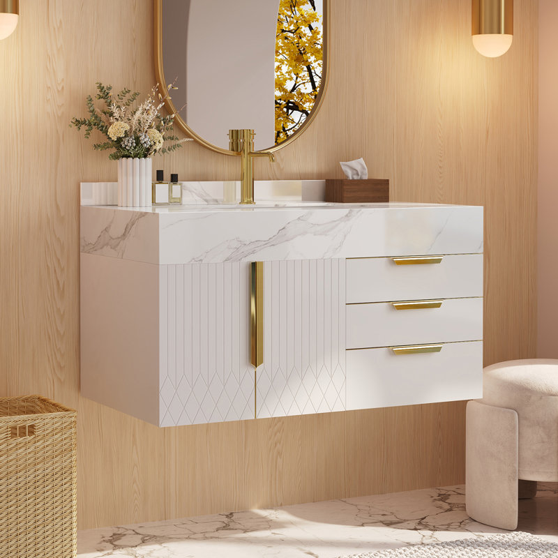 Ensemble de meuble-lavabo en pierre flottant avec lavabo 35,4 po Aro Series, Blanc