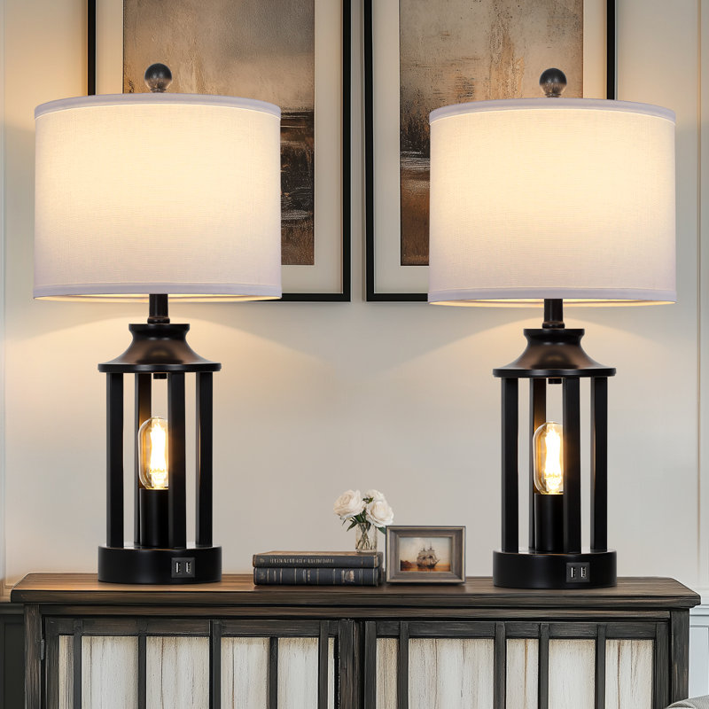Cochranville 23.6" Dimmable Lantern Table Lamp Set with Night Light and USB Ports, Black, White