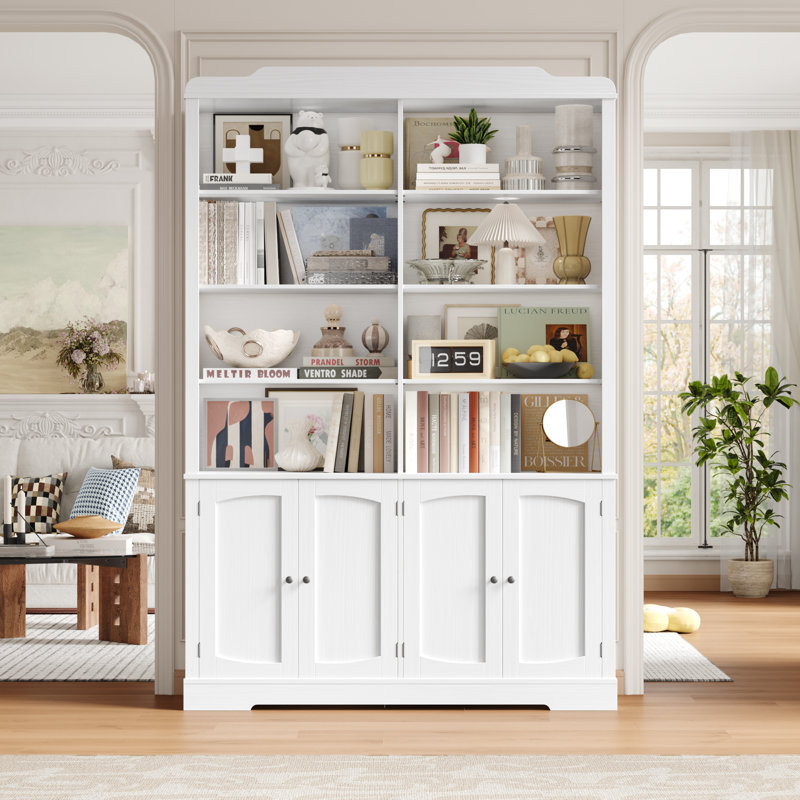 Arie 73.1"H Standard Bookcase With Adjustable Shelves, Wood Storage Freestanding Bookshelves With 8 Open Shelves and 4 Doors, White