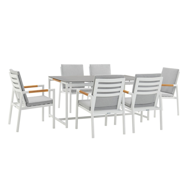 Urgeon 7 Piece Outdoor Dining Set in Aluminum and Teak with Cushions, Light Grey Performance, White