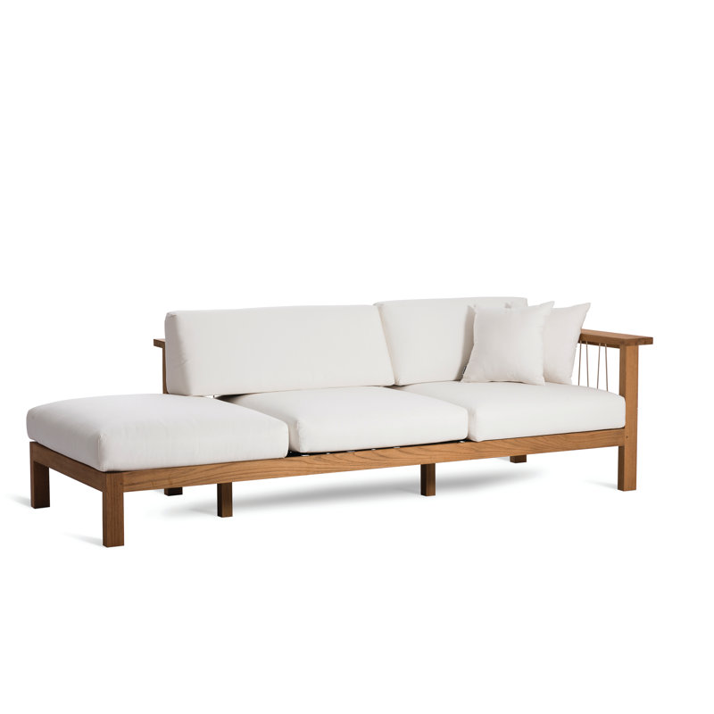 Chaise longue en teck avec coussins Maro, Toile Sunbrella® naturel