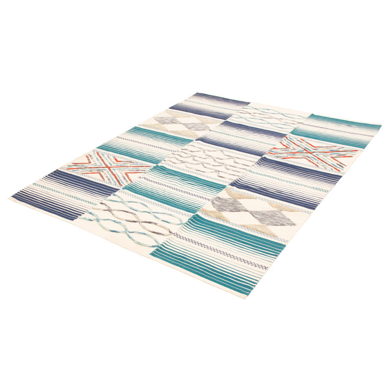 Tapis blanc / bleu en laine tissé à plat Norberto