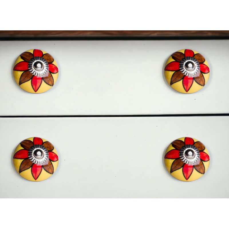 Set of Eight Red And Yellow Floral Ceramic Drawer Pull Knobs