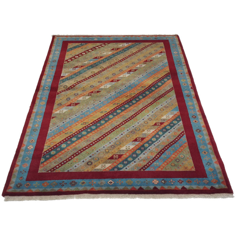 Tapis rayé en laine / coton rectangulaire fait à la main 4 pi x 6 pi bleu / rouge / vert