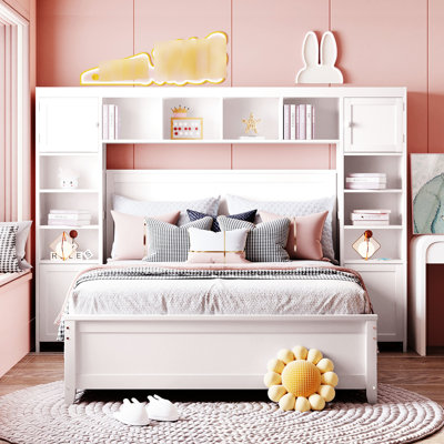Full Size Wooden Bed With Cabinet And Shelf, Shade - Strong Contemporary -Colored  Shelf Chic Option