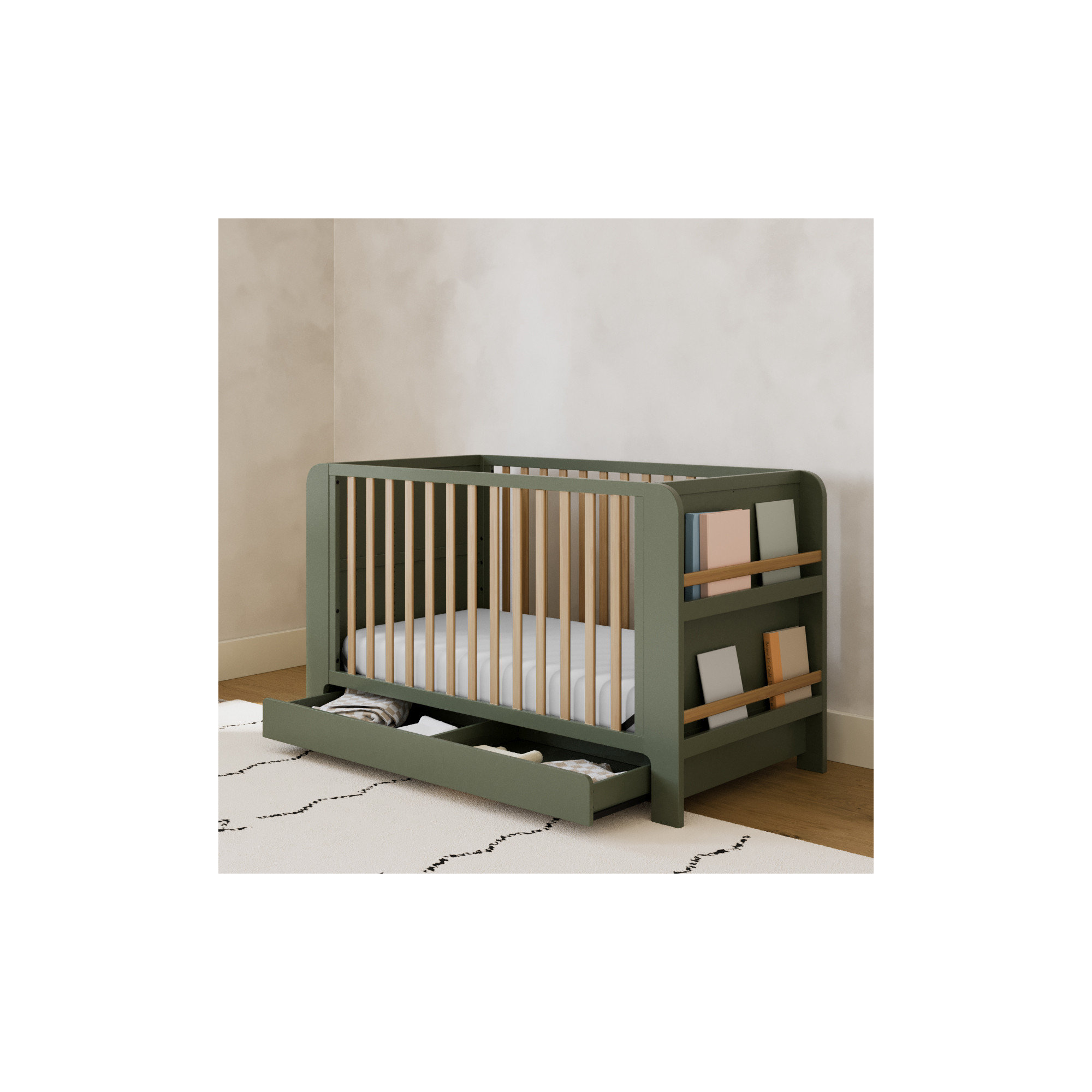 Read-With-Me 4-In-1 Convertible Crib With Drawer, Olive/Driftwood, Crib
