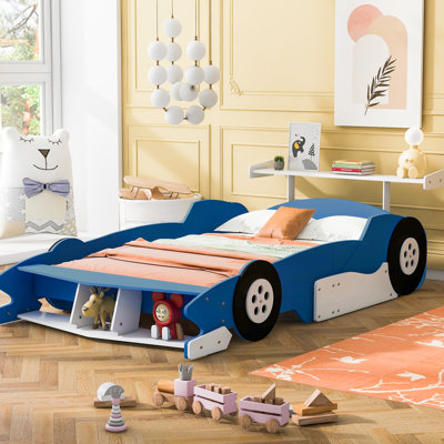 Lit double en forme de voiture de course avec roues stables, bleu - offre une expérience de sommeil paisible