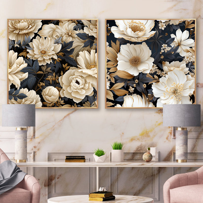Matys - Ensemble de 2 collages carrés floraux, Cadre flottant doré, H 30 po x l 61 po