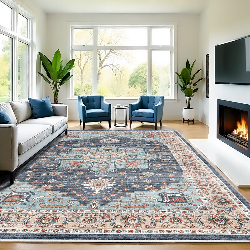 Washable Oriental Area Rug - Rugs for Living Room Soft Carpet for Bedroom Waterproof Floral Distressed Indoor Stain Resistant Non-Shedding Floor Carpets (Blue/Teal/Orange)