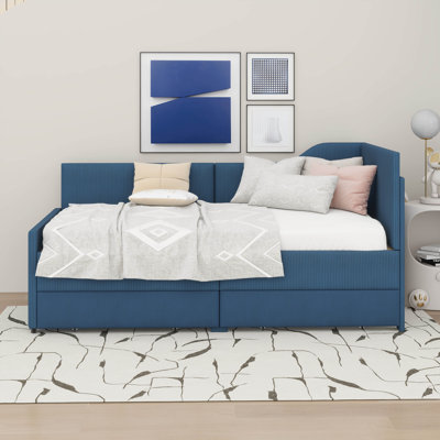 Anarkali Twin Size L-Shaped Corduroy Daybed with 2 Storage Drawers
