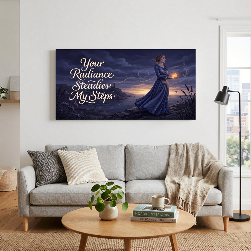 Femme tenant un globe lumineux près d'un phare, art mural, 32“W x 16”H