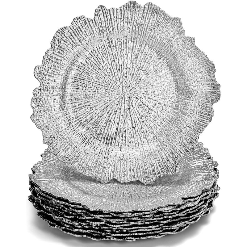 Paquet de 12 assiettes de présentation, chargeurs de récifs ronds en plastique 12,7 po avec motif de récifs floraux pour décoration de fête de mariage (argent)