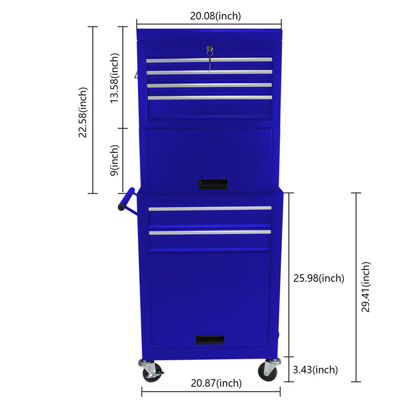 Coffre à outils à grande capacité avec roulettes et tiroirs, armoire de rangement à 6 tiroirs - Rouge, Bleu