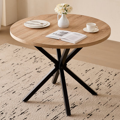 Table de salle à manger ronde de 99 cm (39 po) pour 4 personnes, style ferme moderne, piètement stable en métal en forme de X, couleur naturelle