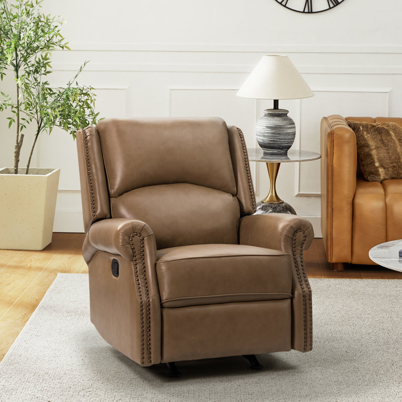 Fauteuil inclinable manuel berçant en cuir véritable de 32,67 po Westhought, Cuir véritable brun clair