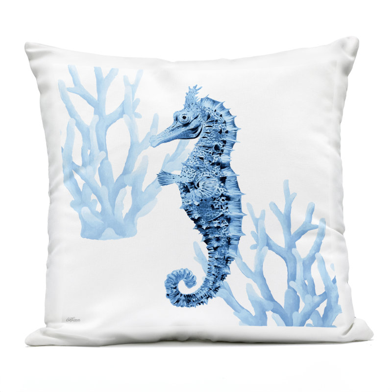 Coussin d'extérieur imprimé Blue Tone Seahorse & Coral Design par Cat Thurman Designs