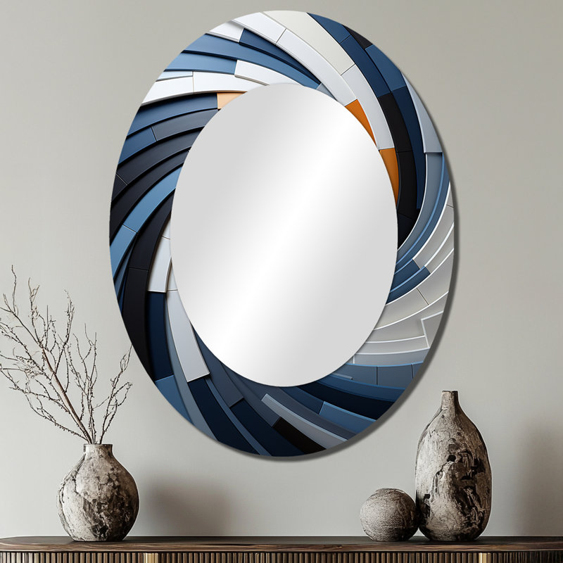 Geometric Spiral II - Blue Modern Oval Wall Mirror, 40" x 30"