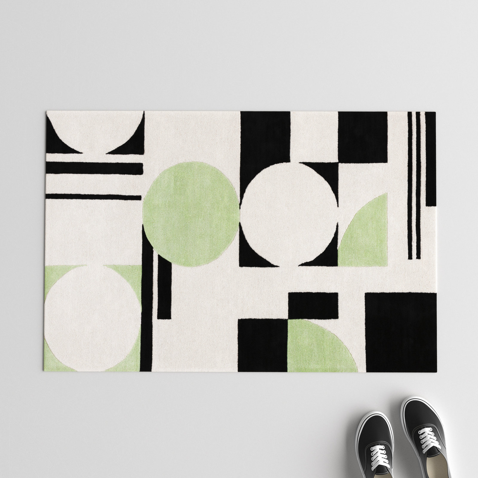 Felipe Green Black White Hand-Tufted Wool Rug, Rectangle 2' x 3'