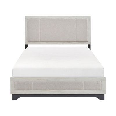 Modern Two - Tone White Oak And Gray Finish Queen Bed With Upholstered Headboard In Beige, Bedroom Essential Decor, No Foundation Required, 63.5"X83.5"X54.5"H Contemporary Essential, Box Spring