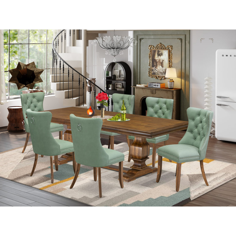 7-piece Kitchen Table Set includes a Dining Table and 6 Willow Green Polyester fabric Dinner Chairs with Button tufted Back - Antique Walnut Finish