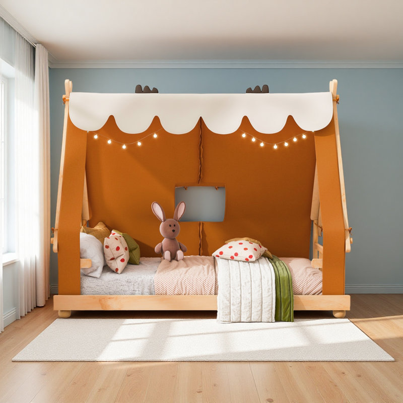 Lit maison avec tente et lumière, Lit simple, Brun