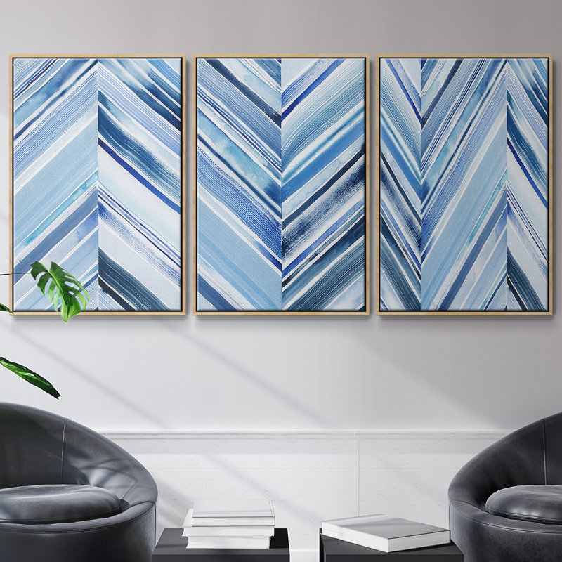 «Wave Crêtes I», ensemble de 3 reproductions encadrées sur toile, Bois naturel, H 27 po x l 54 po